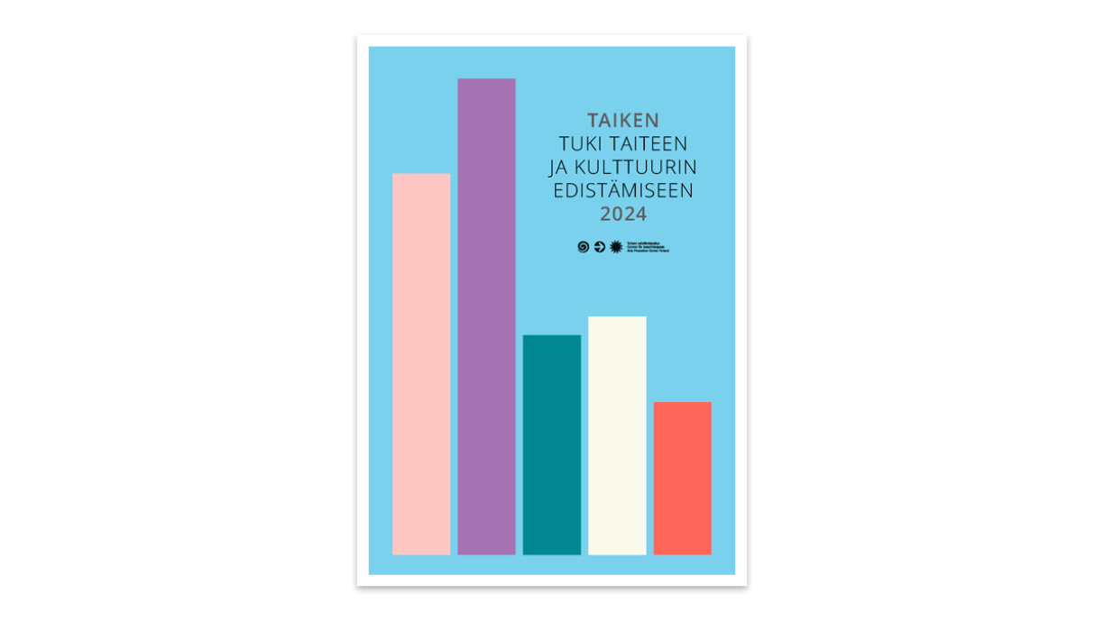 Julkaisun kansi. Pylväskaaviomaiset palkit ja teksti "Taiken tuki taiteen ja kulttuurin edistämiseen 2024"