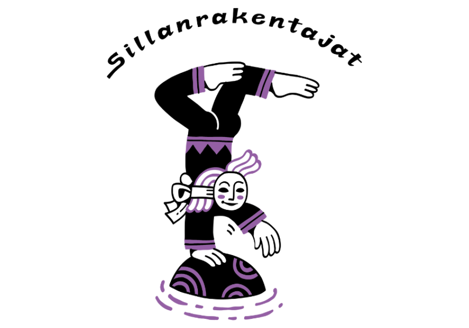 Mustalla ja violetilla piirretty hahmo seisoo yhdellä kädellä kiven päällä. Hahmon yläpuolella lukee teksti Sillanrakentajat
