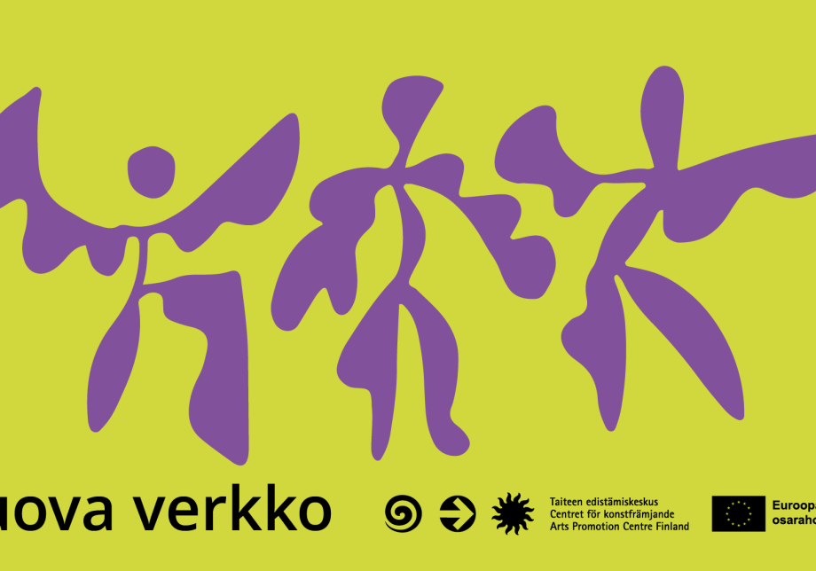 Kolme violettia hahmoa vihreällä taustalla. Teksti: Luova verkko, Taiteen edistämiskeskus, Euroopan unionin osarahoittama.