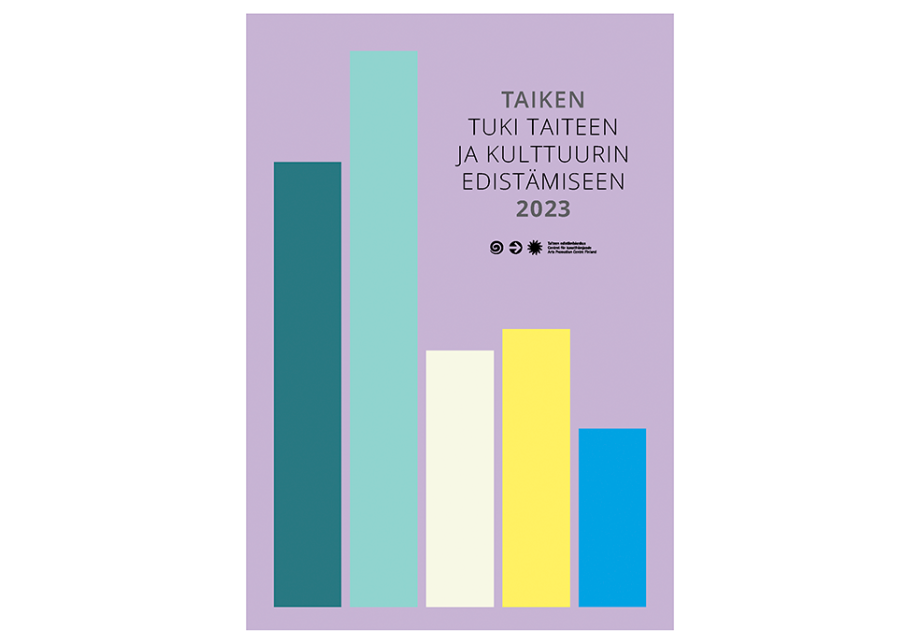 Julkaisun kansikuva. Pylväskaaviomaiset palkit ja otsikko: &quot;Taiken tuki taiteen ja kulttuurin edistämiseen 2023&quot;.